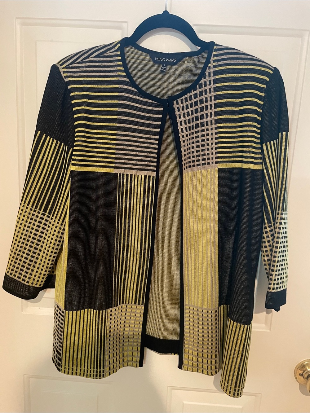 Ming Wang Black and Yellow Geometric Open-Front Knit Cardigan